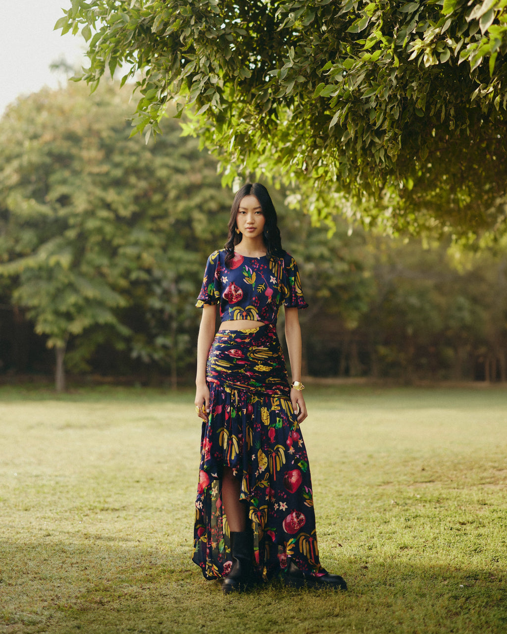 Satin Chiffon Pine Maxi Dress by Ewoke with Bemberg, blue maxi dress, Holiday wear, maxi dress, Navy, Nostalgia's Thread by Ewoke, printed dress, Satin Chiffon, summer dress, sustainable fashion at Kamakhyaa for sustainable fashion