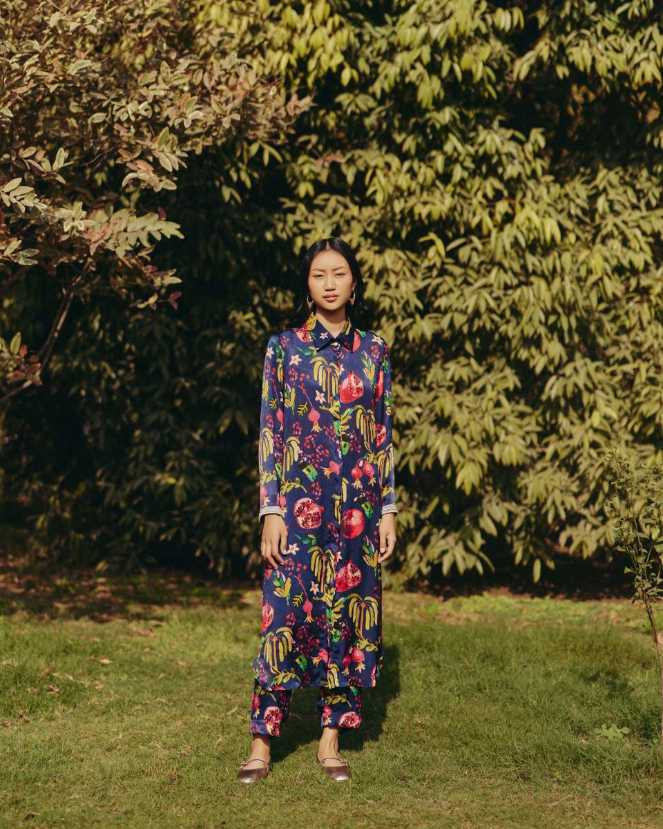 Satin Pine Embroidered Co-ord Set by Ewoke with aline dress, coord set, Holiday wear, Navy, Nostalgia's Thread by Ewoke, printed coord set, Satin, sustainable fashion, womens coord set at Kamakhyaa for sustainable fashion