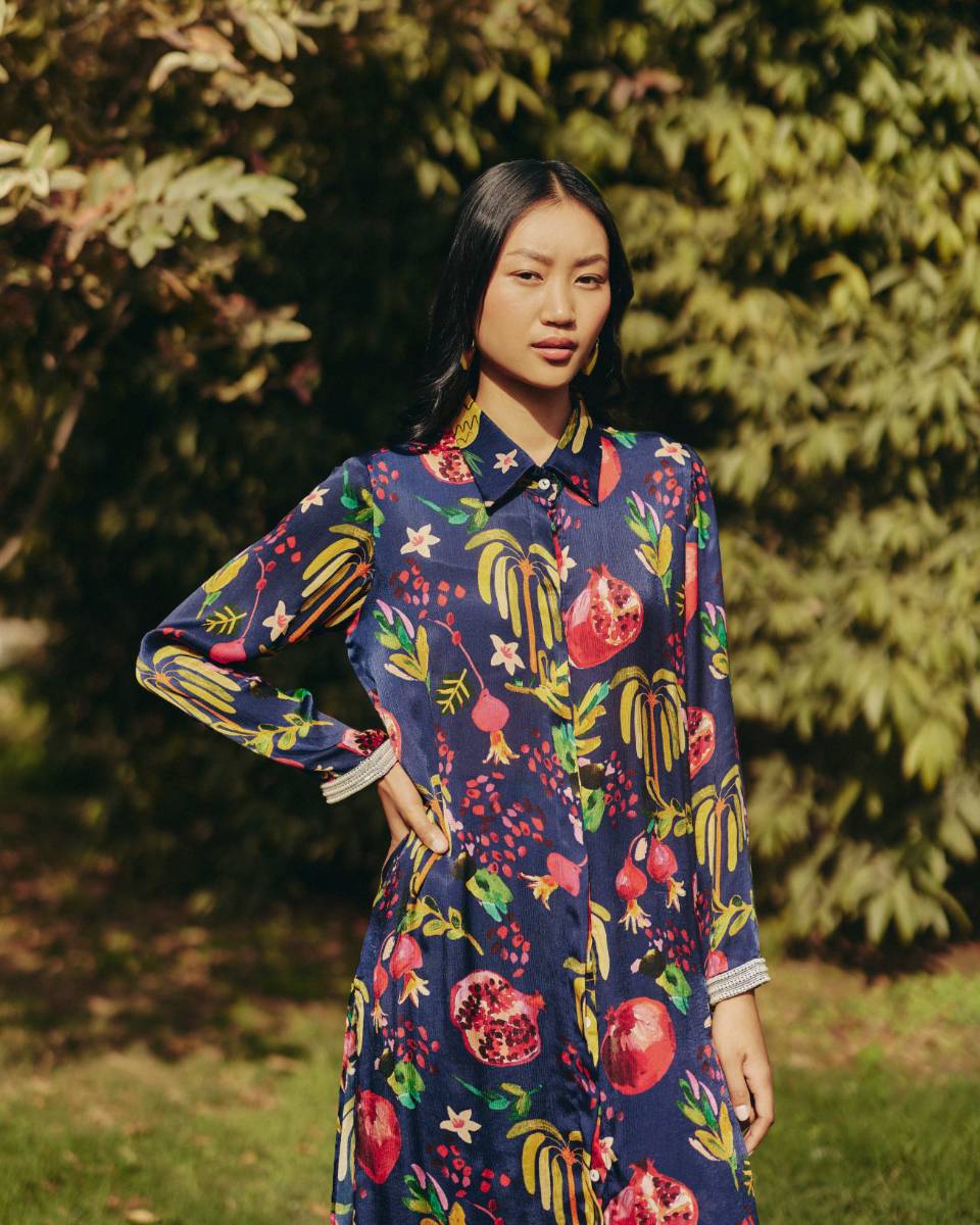 Satin Pine Embroidered Co-ord Set by Ewoke with aline dress, coord set, Holiday wear, Navy, Nostalgia's Thread by Ewoke, printed coord set, Satin, sustainable fashion, womens coord set at Kamakhyaa for sustainable fashion