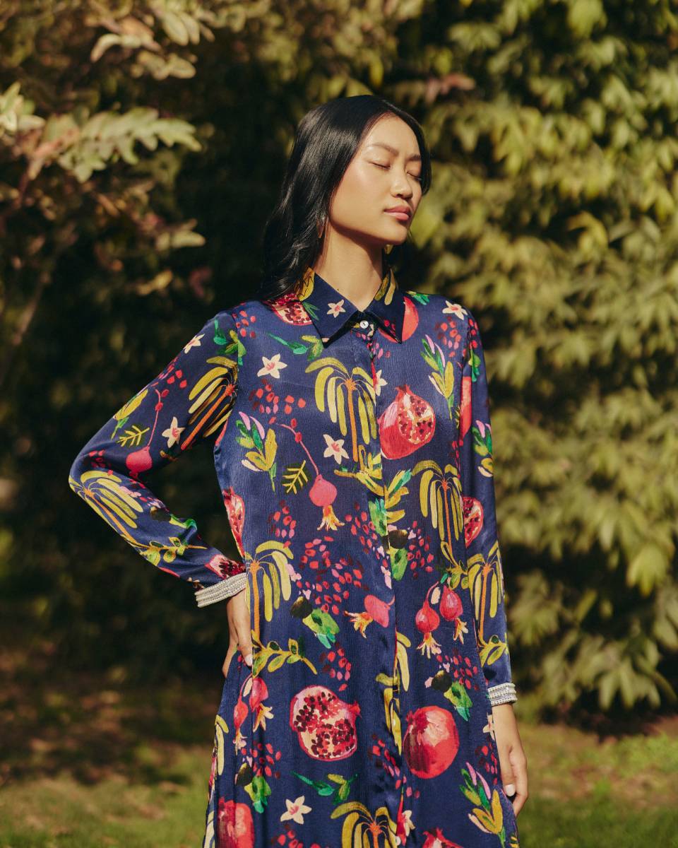 Satin Pine Embroidered Co-ord Set by Ewoke with aline dress, coord set, Holiday wear, Navy, Nostalgia's Thread by Ewoke, printed coord set, Satin, sustainable fashion, womens coord set at Kamakhyaa for sustainable fashion