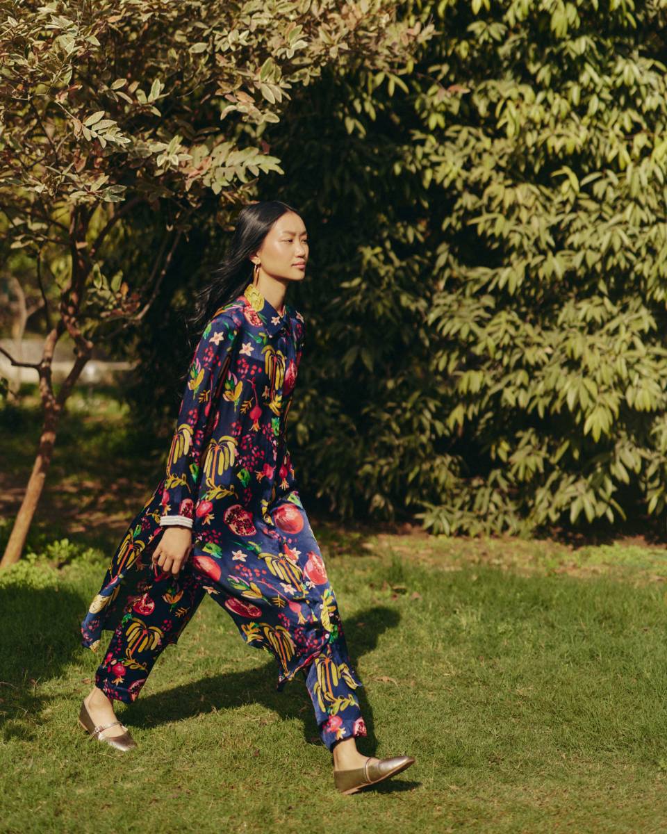 Satin Pine Embroidered Co-ord Set by Ewoke with aline dress, coord set, Holiday wear, Navy, Nostalgia's Thread by Ewoke, printed coord set, Satin, sustainable fashion, womens coord set at Kamakhyaa for sustainable fashion