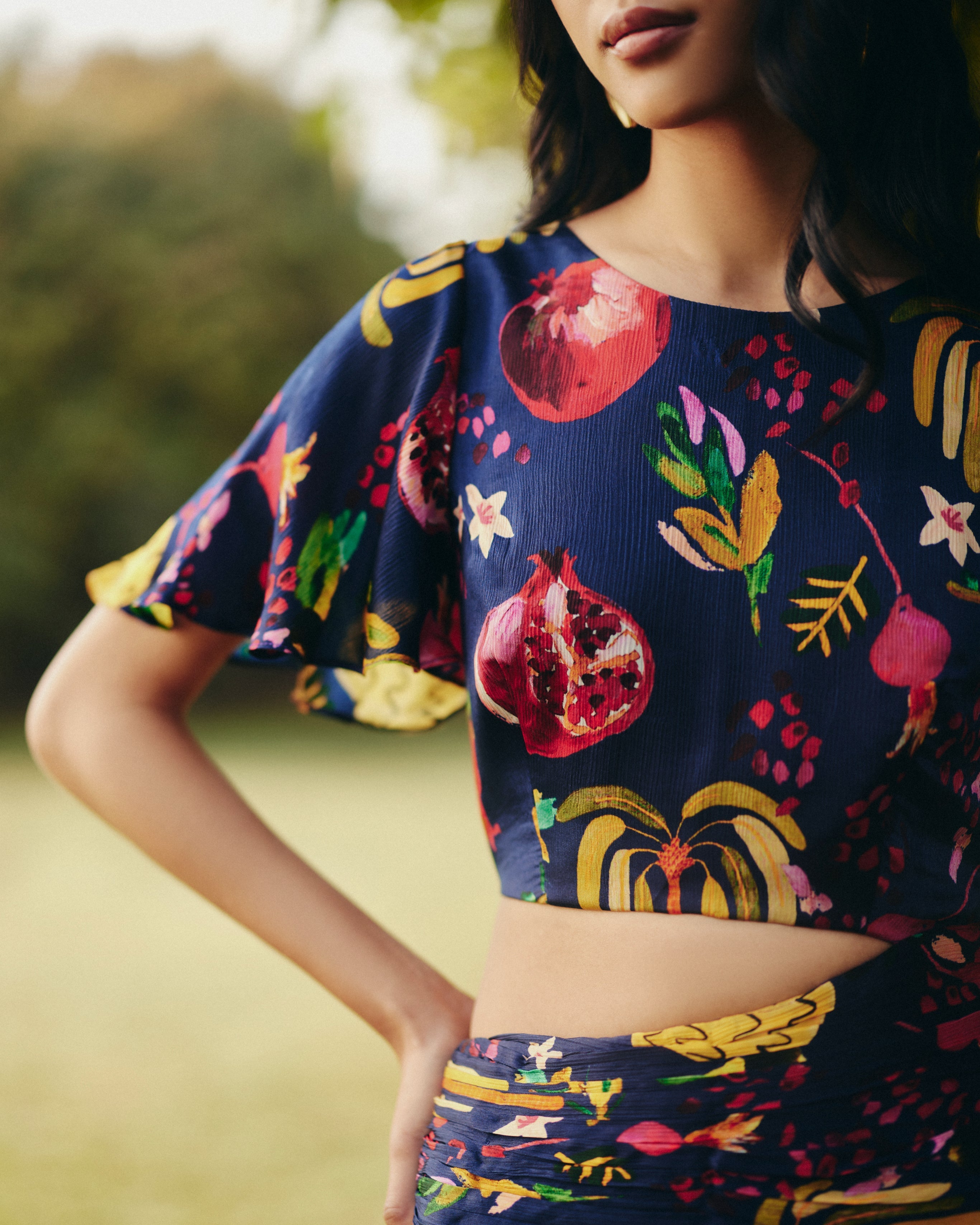 Satin Chiffon Pine Maxi Dress by Ewoke with Bemberg, blue maxi dress, Holiday wear, maxi dress, Navy, Nostalgia's Thread by Ewoke, printed dress, Satin Chiffon, summer dress, sustainable fashion at Kamakhyaa for sustainable fashion