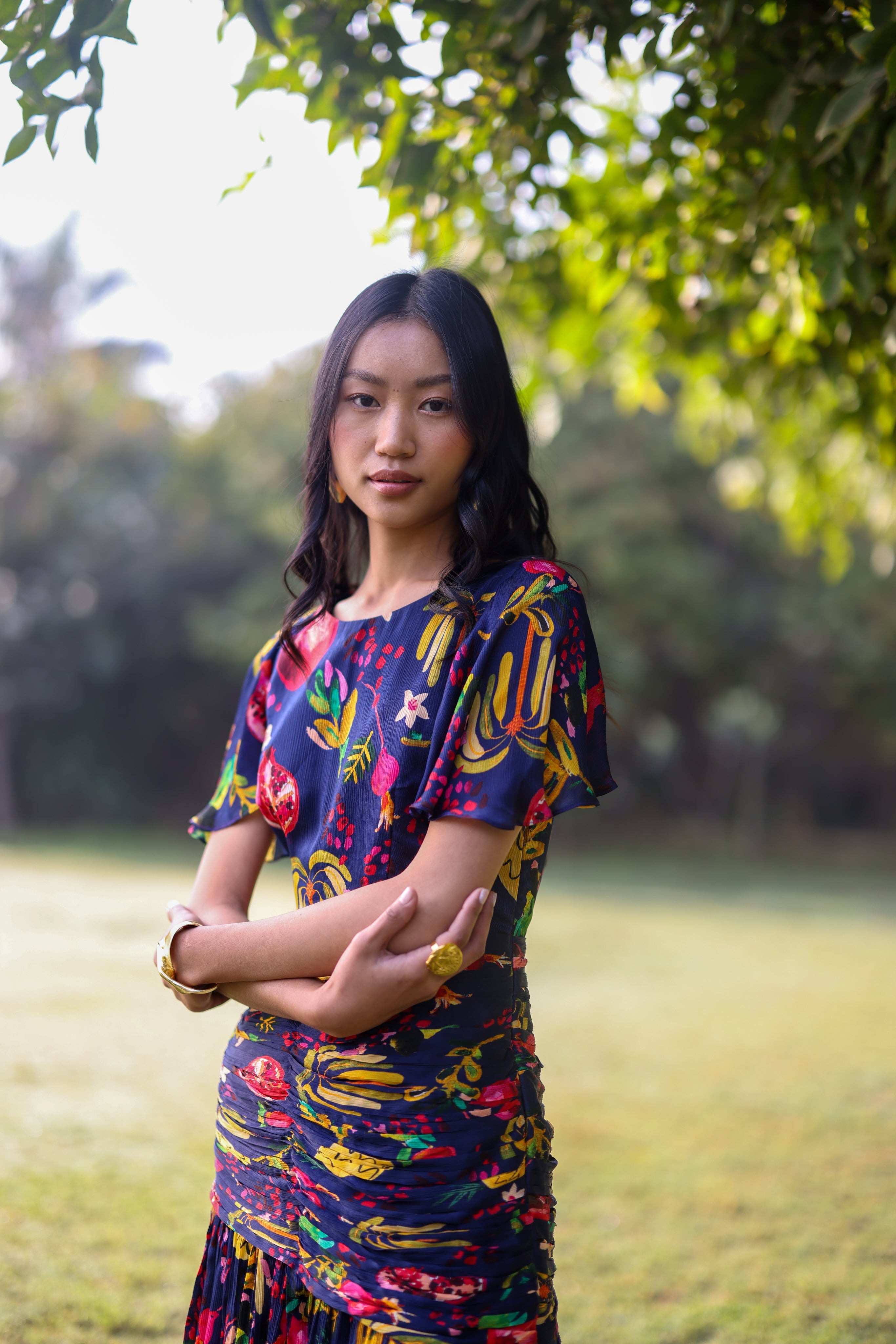 Satin Chiffon Pine Maxi Dress by Ewoke with Bemberg, blue maxi dress, Holiday wear, maxi dress, Navy, Nostalgia's Thread by Ewoke, printed dress, Satin Chiffon, summer dress, sustainable fashion at Kamakhyaa for sustainable fashion