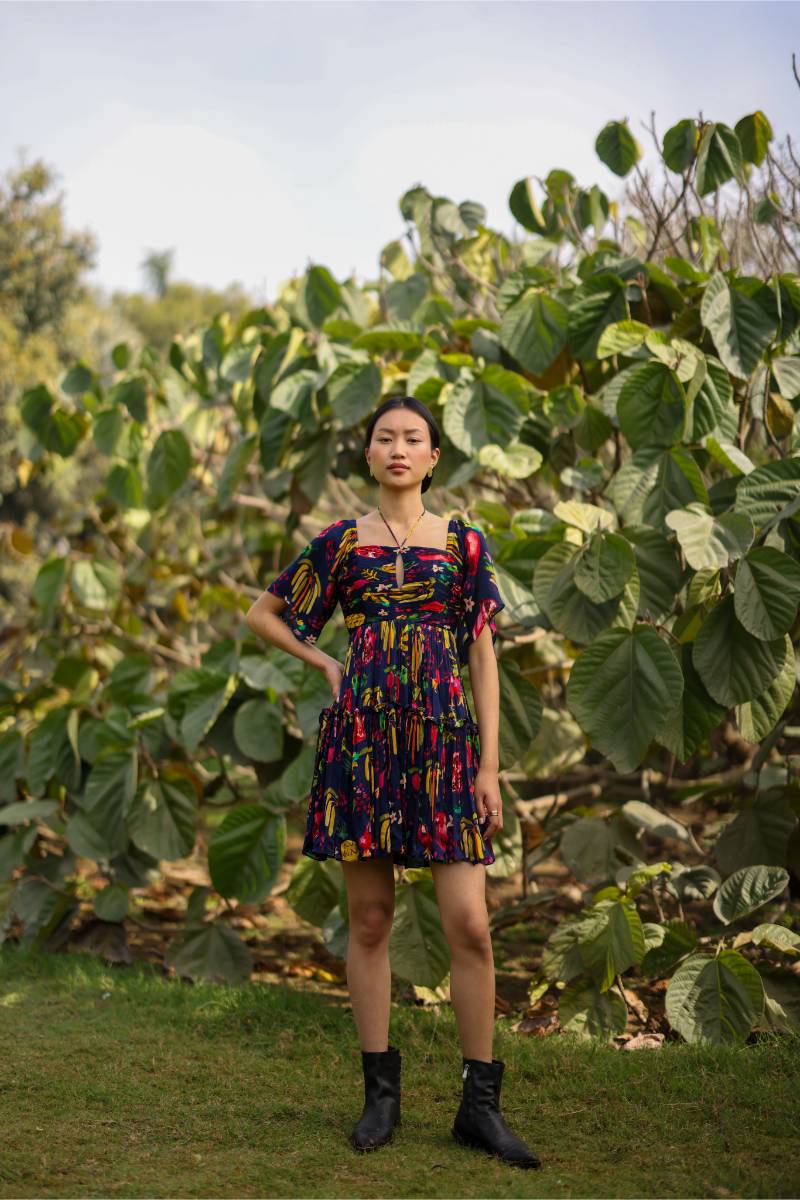 Satin Pine Mini Dress by Ewoke with A-line Dress, aline dress, Holiday wear, knee length dress, Navy, Nostalgia's Thread by Ewoke, Satin, summer dress, sustainable fashion at Kamakhyaa for sustainable fashion