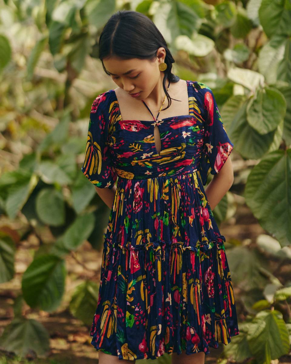 Satin Pine Mini Dress by Ewoke with A-line Dress, aline dress, Holiday wear, knee length dress, Navy, Nostalgia's Thread by Ewoke, Satin, summer dress, sustainable fashion at Kamakhyaa for sustainable fashion