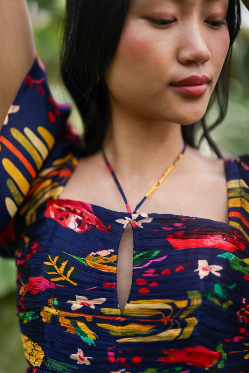 Satin Pine Mini Dress by Ewoke with A-line Dress, aline dress, Holiday wear, knee length dress, Navy, Nostalgia's Thread by Ewoke, Satin, summer dress, sustainable fashion at Kamakhyaa for sustainable fashion