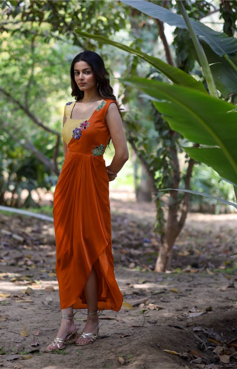 Georgette Orange & Yellow Draped Dress by Ewoke with ewoke dresses, Floral, Georgette, Nostalgia's Thread by Ewoke, Orange, Wedding wear, womenswear dresses at Kamakhyaa for sustainable fashion