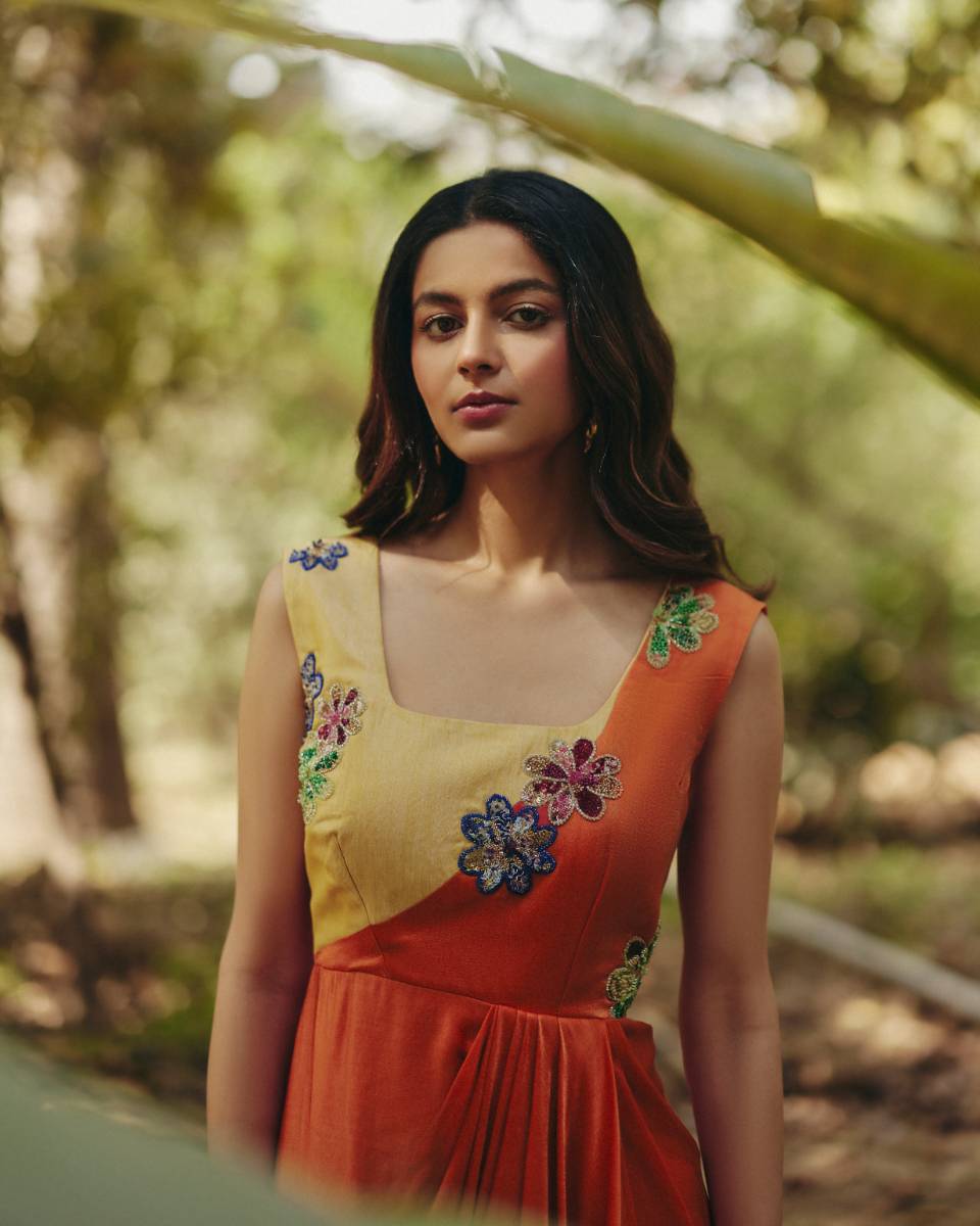 Georgette Orange & Yellow Draped Dress by Ewoke with ewoke dresses, Floral, Georgette, Nostalgia's Thread by Ewoke, Orange, Wedding wear, womenswear dresses at Kamakhyaa for sustainable fashion