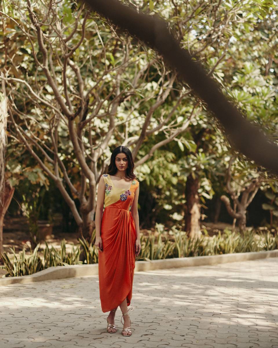 Georgette Orange & Yellow Draped Dress by Ewoke with ewoke dresses, Floral, Georgette, Nostalgia's Thread by Ewoke, Orange, Wedding wear, womenswear dresses at Kamakhyaa for sustainable fashion