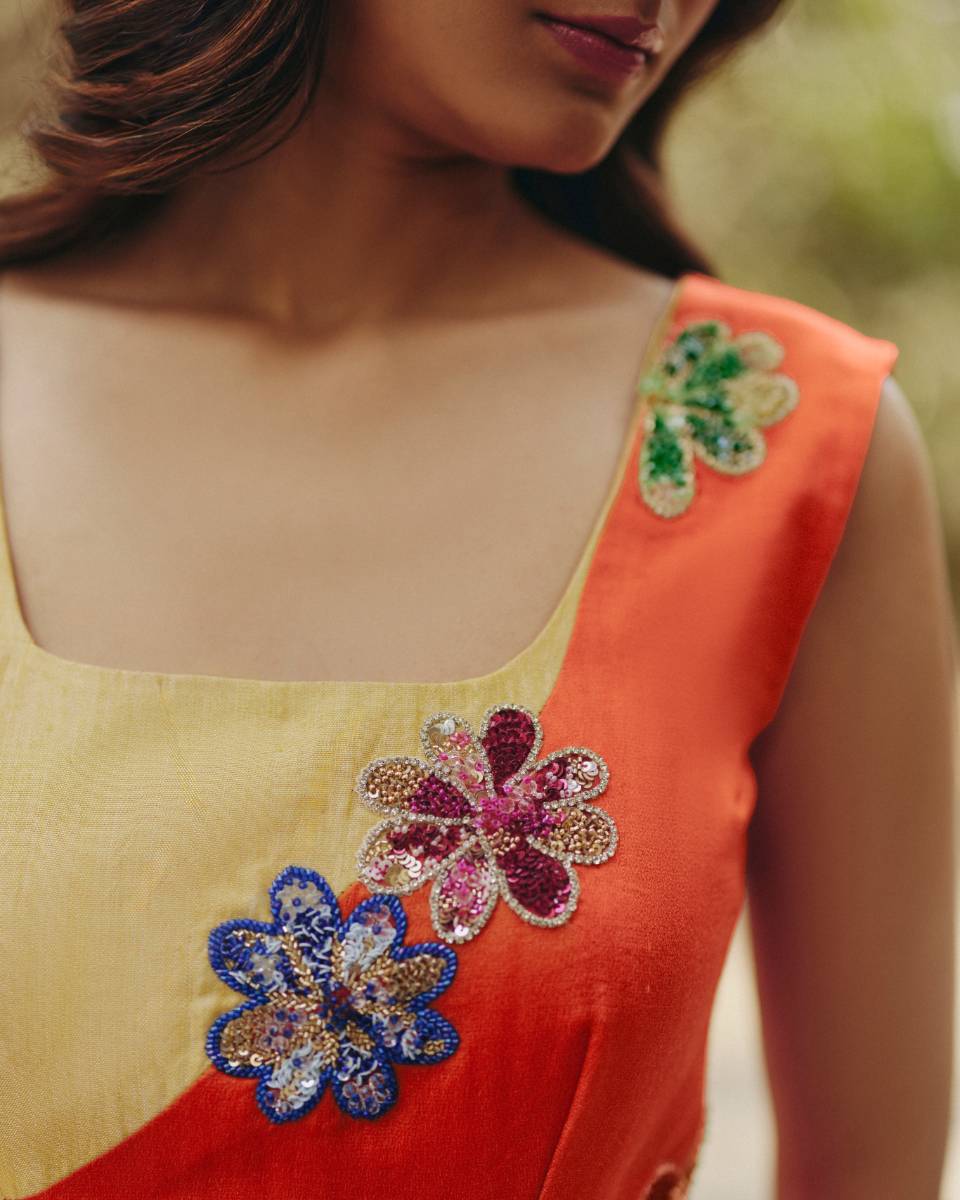 Georgette Orange & Yellow Draped Dress by Ewoke with ewoke dresses, Floral, Georgette, Nostalgia's Thread by Ewoke, Orange, Wedding wear, womenswear dresses at Kamakhyaa for sustainable fashion