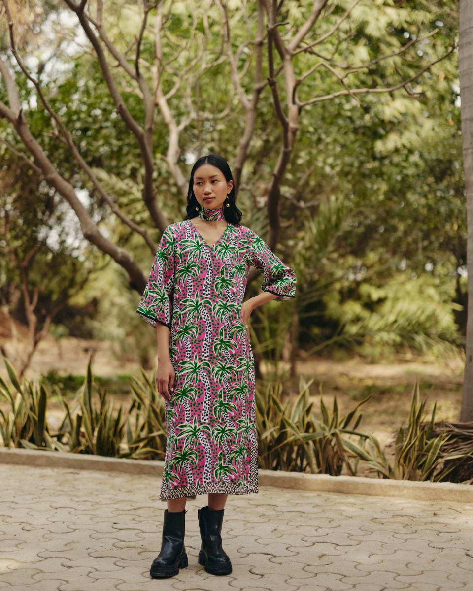 100% Hemp Palm Print Tunic Dress by Ewoke with 100% Hemp, Holiday wear, Midi Dress, Nostalgia's Thread by Ewoke, Pink, printed dress, red dress, womens midi dress at Kamakhyaa for sustainable fashion