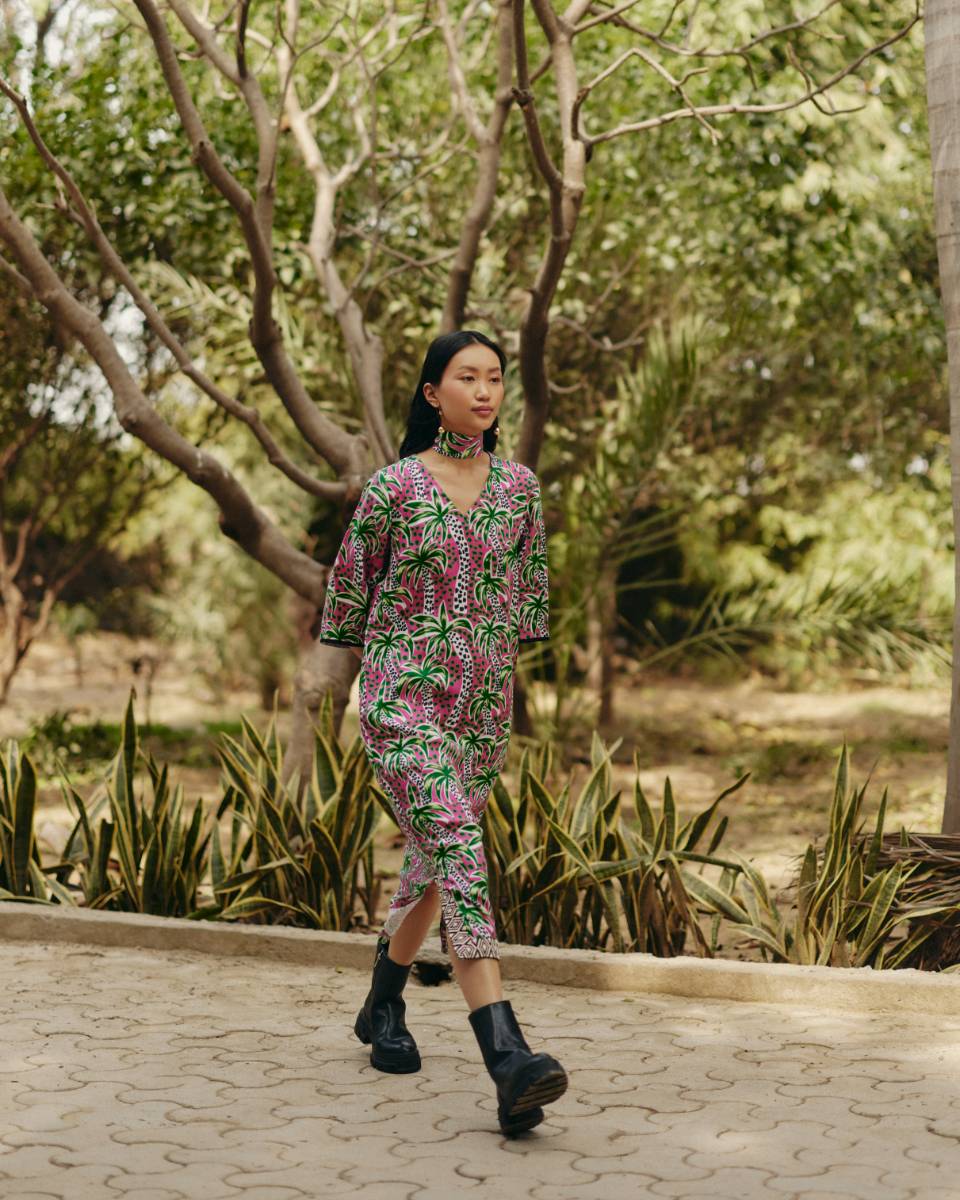 100% Hemp Palm Print Tunic Dress by Ewoke with 100% Hemp, Holiday wear, Midi Dress, Nostalgia's Thread by Ewoke, Pink, printed dress, red dress, womens midi dress at Kamakhyaa for sustainable fashion