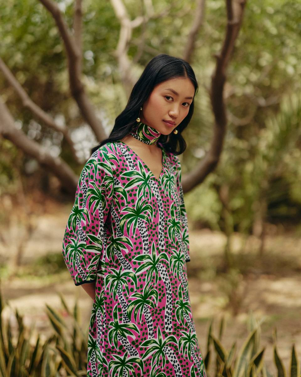 100% Hemp Palm Print Tunic Dress by Ewoke with 100% Hemp, Holiday wear, Midi Dress, Nostalgia's Thread by Ewoke, Pink, printed dress, red dress, womens midi dress at Kamakhyaa for sustainable fashion