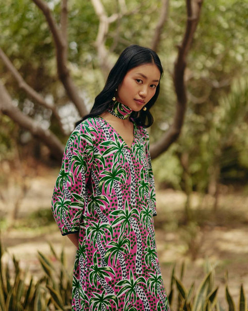100% Hemp Palm Print Tunic Dress by Ewoke with 100% Hemp, Holiday wear, Midi Dress, Nostalgia's Thread by Ewoke, Pink, printed dress, red dress, womens midi dress at Kamakhyaa for sustainable fashion