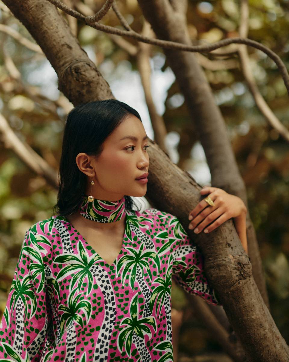 100% Hemp Palm Print Tunic Dress by Ewoke with 100% Hemp, Holiday wear, Midi Dress, Nostalgia's Thread by Ewoke, Pink, printed dress, red dress, womens midi dress at Kamakhyaa for sustainable fashion