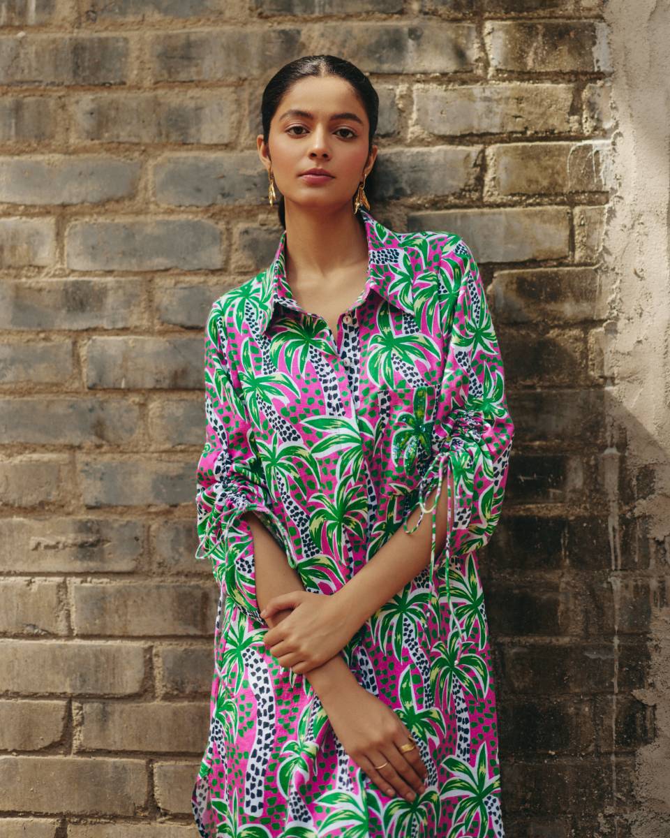 100% Hemp Palm Print Hemp Shirt Dress by Ewoke with 100% Hemp, Holiday wear, Midi Dress, Nostalgia's Thread by Ewoke, Pink, printed dress, womens midi dress at Kamakhyaa for sustainable fashion