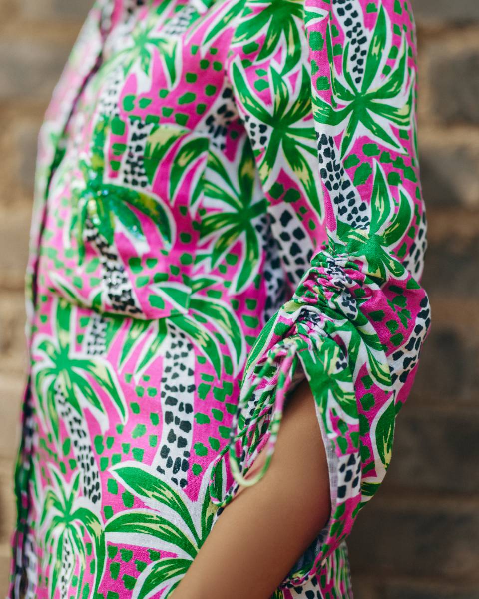 100% Hemp Palm Print Hemp Shirt Dress by Ewoke with 100% Hemp, Holiday wear, Midi Dress, Nostalgia's Thread by Ewoke, Pink, printed dress, womens midi dress at Kamakhyaa for sustainable fashion