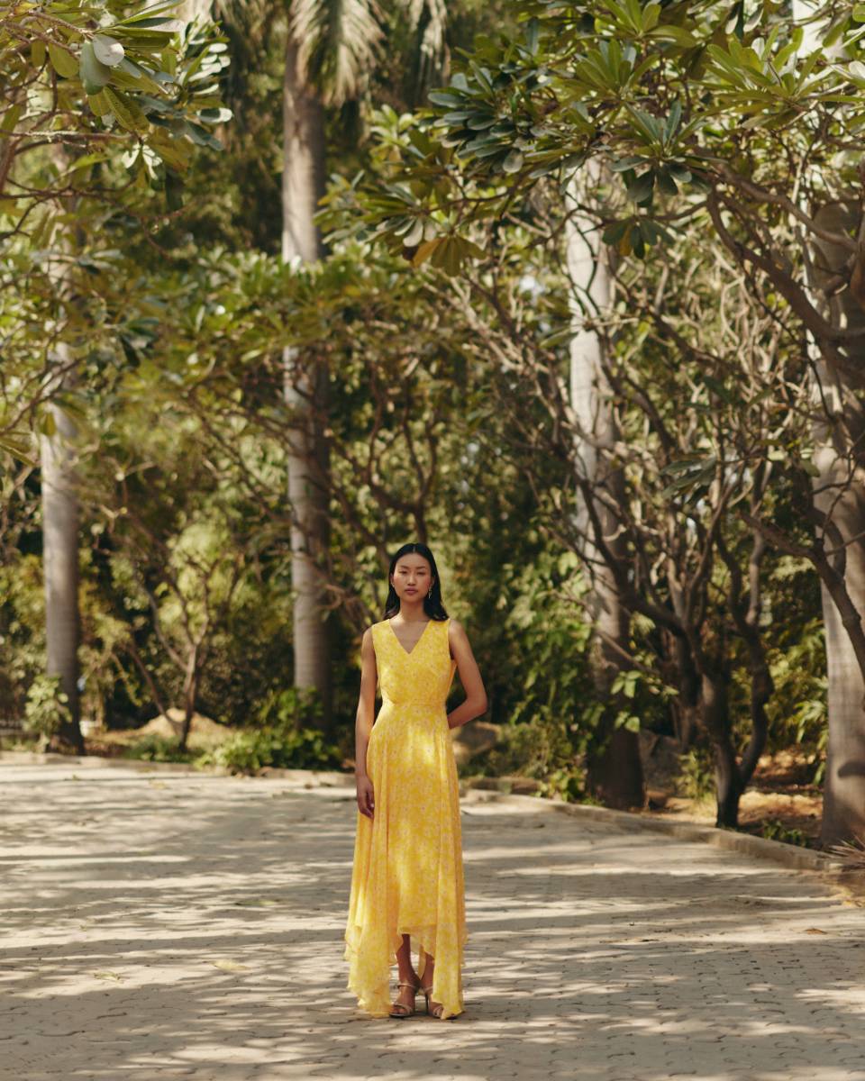 Chiffon Petal Haze Yellow Chiffon Dress by Ewoke with bemberg dress, bemberg fabric, Chiffon, drape dress, Holiday wear, maxi dress, Midi Dress, Nostalgia's Thread by Ewoke at Kamakhyaa for sustainable fashion