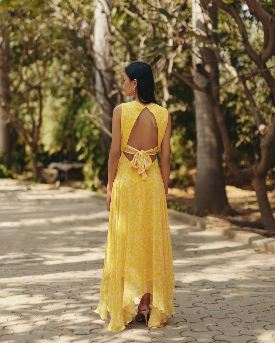 Chiffon Petal Haze Yellow Chiffon Dress by Ewoke with bemberg dress, bemberg fabric, Chiffon, drape dress, Holiday wear, maxi dress, Midi Dress, Nostalgia's Thread by Ewoke at Kamakhyaa for sustainable fashion