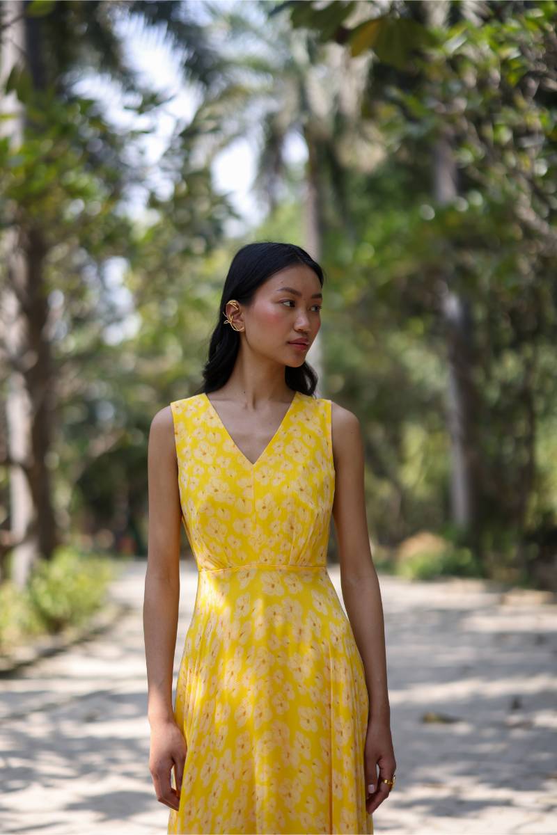Chiffon Petal Haze Yellow Chiffon Dress by Ewoke with bemberg dress, bemberg fabric, Chiffon, drape dress, Holiday wear, maxi dress, Midi Dress, Nostalgia's Thread by Ewoke at Kamakhyaa for sustainable fashion
