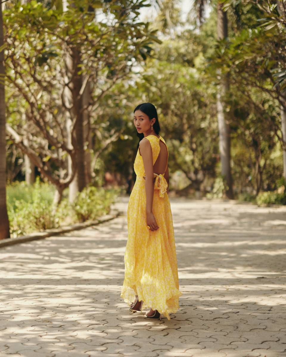 Chiffon Petal Haze Yellow Chiffon Dress by Ewoke with bemberg dress, bemberg fabric, Chiffon, drape dress, Holiday wear, maxi dress, Midi Dress, Nostalgia's Thread by Ewoke at Kamakhyaa for sustainable fashion