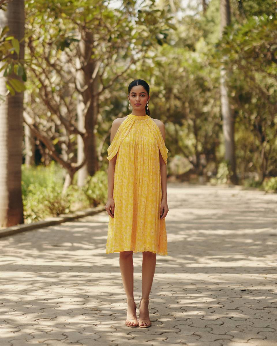 Chiffon Petal Haze Bemberg Mini Dress by Ewoke with bemberg dress, bemberg fabric, Chiffon, drape dress, maxi dress, Midi Dress, Nostalgia's Thread by Ewoke at Kamakhyaa for sustainable fashion