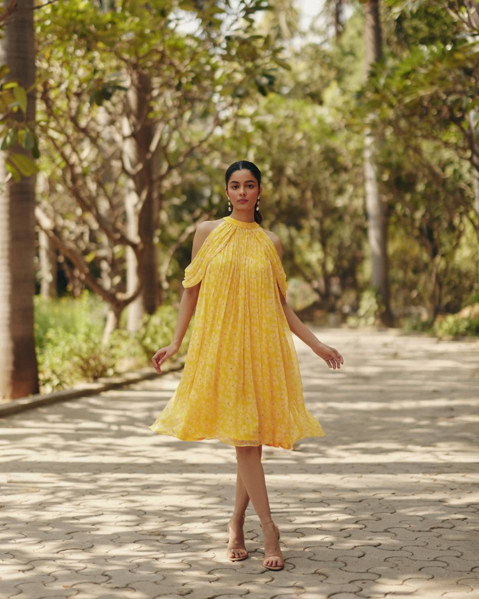 Chiffon Petal Haze Bemberg Mini Dress by Ewoke with bemberg dress, bemberg fabric, Chiffon, drape dress, maxi dress, Midi Dress, Nostalgia's Thread by Ewoke at Kamakhyaa for sustainable fashion