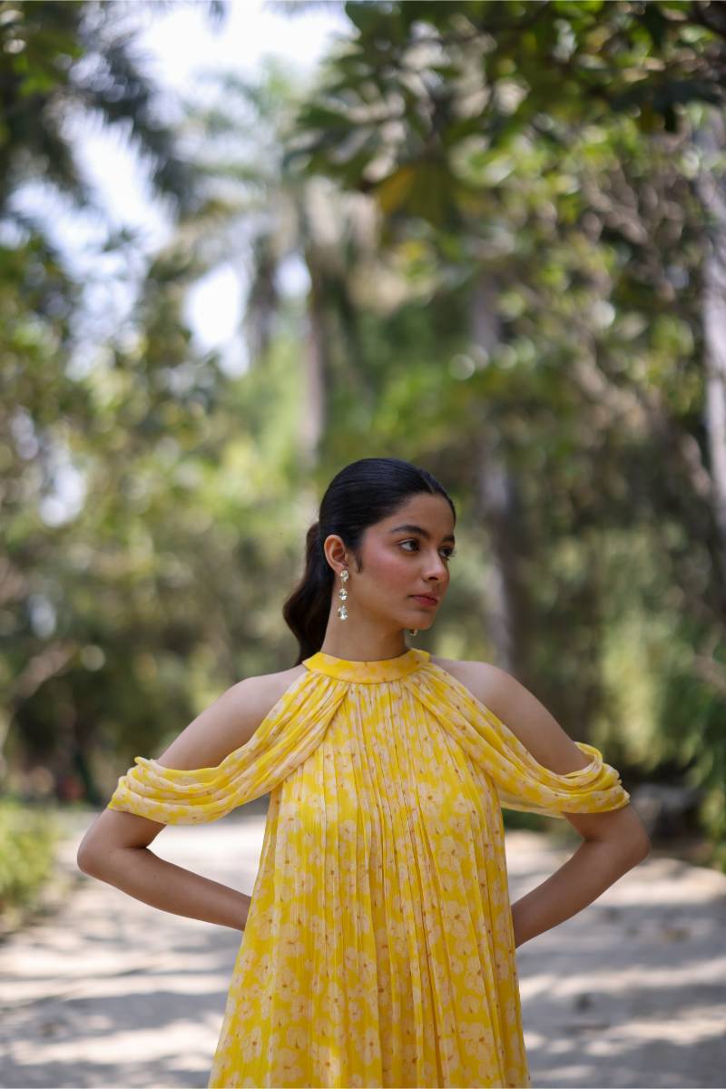 Chiffon Petal Haze Bemberg Mini Dress by Ewoke with bemberg dress, bemberg fabric, Chiffon, drape dress, maxi dress, Midi Dress, Nostalgia's Thread by Ewoke at Kamakhyaa for sustainable fashion