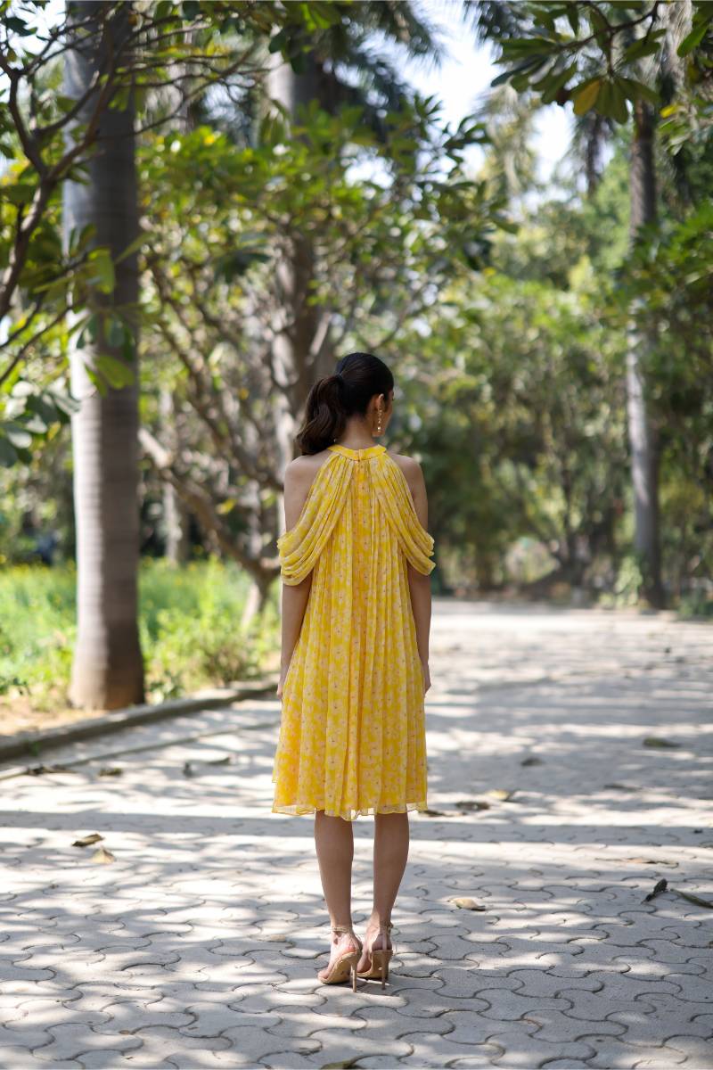 Chiffon Petal Haze Bemberg Mini Dress by Ewoke with bemberg dress, bemberg fabric, Chiffon, drape dress, maxi dress, Midi Dress, Nostalgia's Thread by Ewoke at Kamakhyaa for sustainable fashion