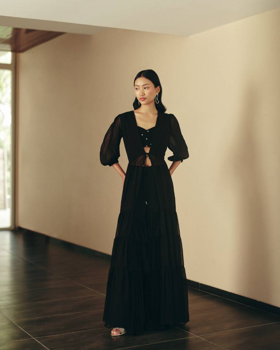 Georgette Midnight Ruffle Set by Ewoke with coord set, Georgette, Holiday wear, Nostalgia's Thread by Ewoke, printed coord set, sharara, sustainable fashion, womens coord set at Kamakhyaa for sustainable fashion