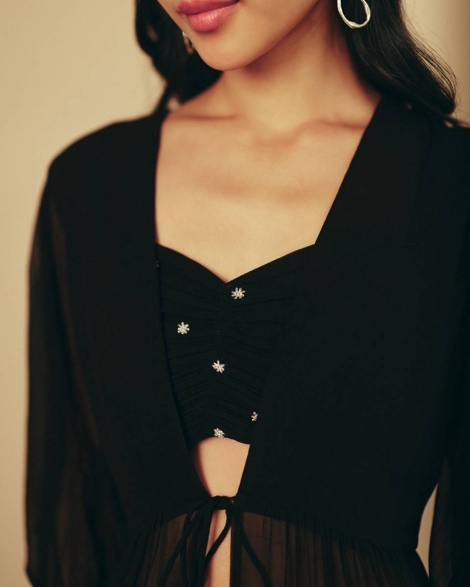 Georgette Midnight Ruffle Set by Ewoke with coord set, Georgette, Holiday wear, Nostalgia's Thread by Ewoke, printed coord set, sharara, sustainable fashion, womens coord set at Kamakhyaa for sustainable fashion