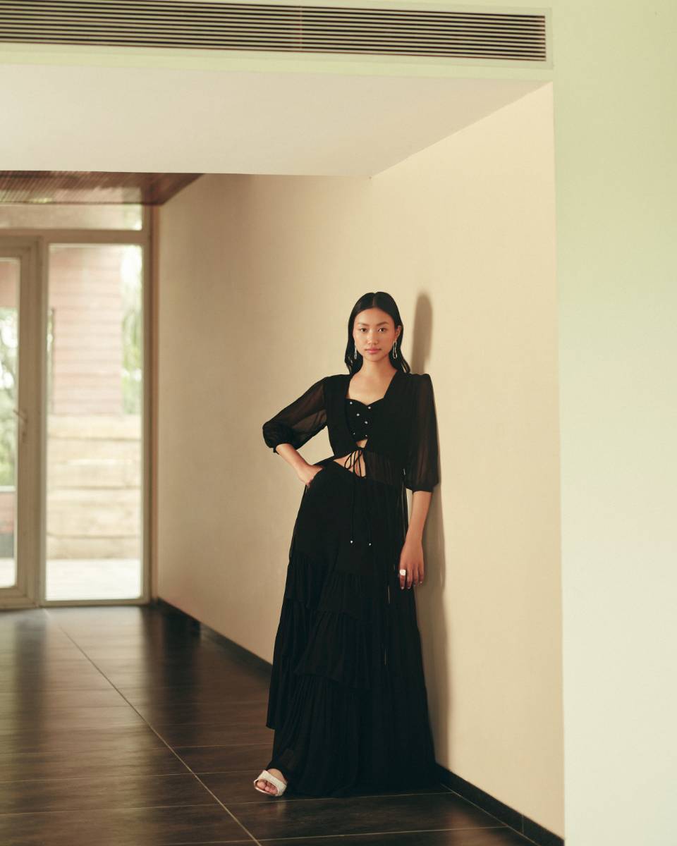 Georgette Midnight Ruffle Set by Ewoke with coord set, Georgette, Holiday wear, Nostalgia's Thread by Ewoke, printed coord set, sharara, sustainable fashion, womens coord set at Kamakhyaa for sustainable fashion