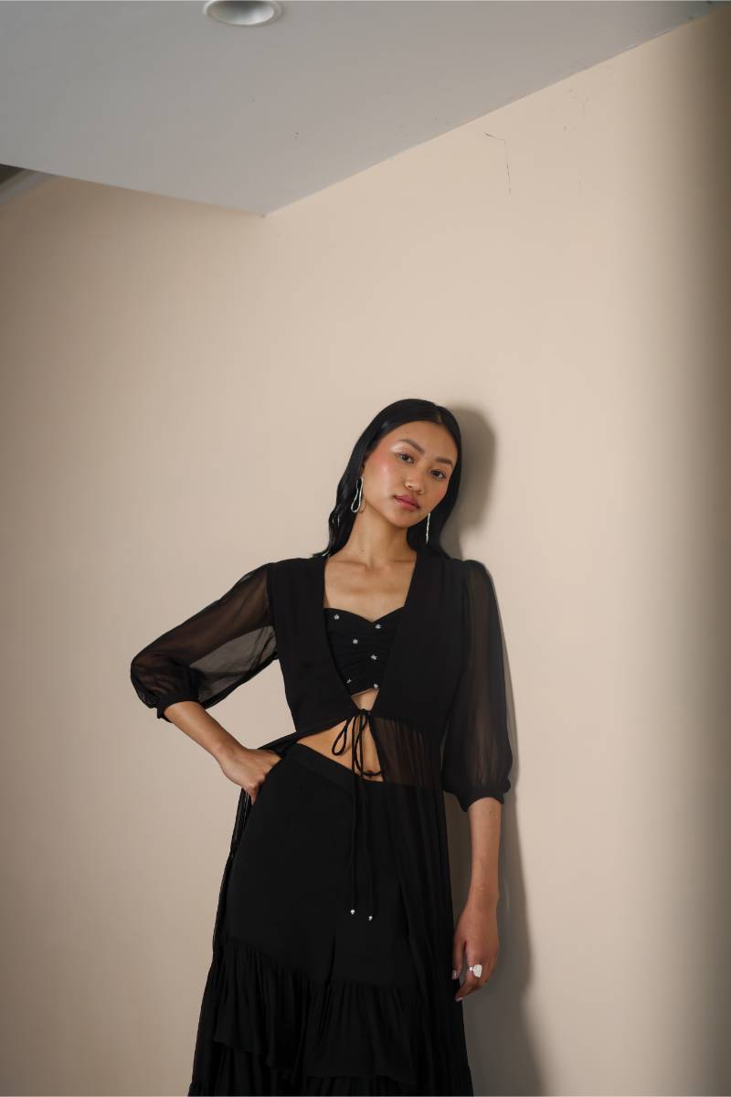 Georgette Midnight Ruffle Set by Ewoke with coord set, Georgette, Holiday wear, Nostalgia's Thread by Ewoke, printed coord set, sharara, sustainable fashion, womens coord set at Kamakhyaa for sustainable fashion