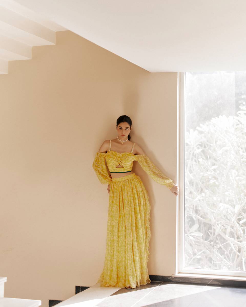 Chiffon Petal Haze Bemberg Lehenga Set by Ewoke with Bemberg, bemberg dress, bemberg fabric, Chiffon, co-ord, Holiday wear, Nostalgia's Thread by Ewoke, sustainable fashion at Kamakhyaa for sustainable fashion
