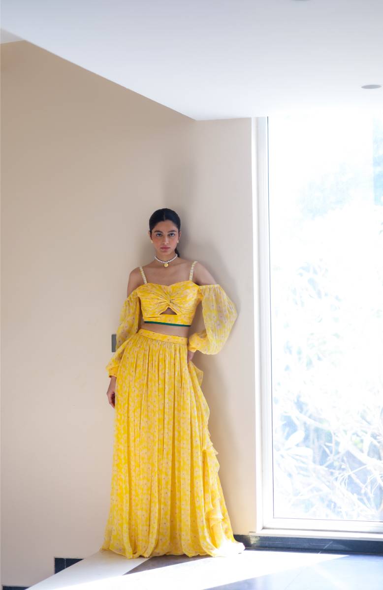 Chiffon Petal Haze Bemberg Lehenga Set by Ewoke with Bemberg, bemberg dress, bemberg fabric, Chiffon, co-ord, Holiday wear, Nostalgia's Thread by Ewoke, sustainable fashion at Kamakhyaa for sustainable fashion