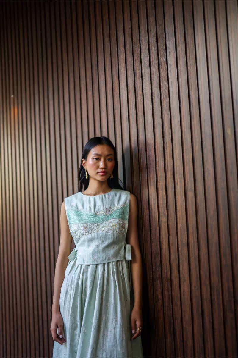 100% Hemp Sage Hemp Print Midi Dress by Ewoke with 100% Hemp, hemp dress, Holiday wear, Nostalgia's Thread by Ewoke, printed dress for women, Sage Green, sage green dress, sustainable fashion at Kamakhyaa for sustainable fashion