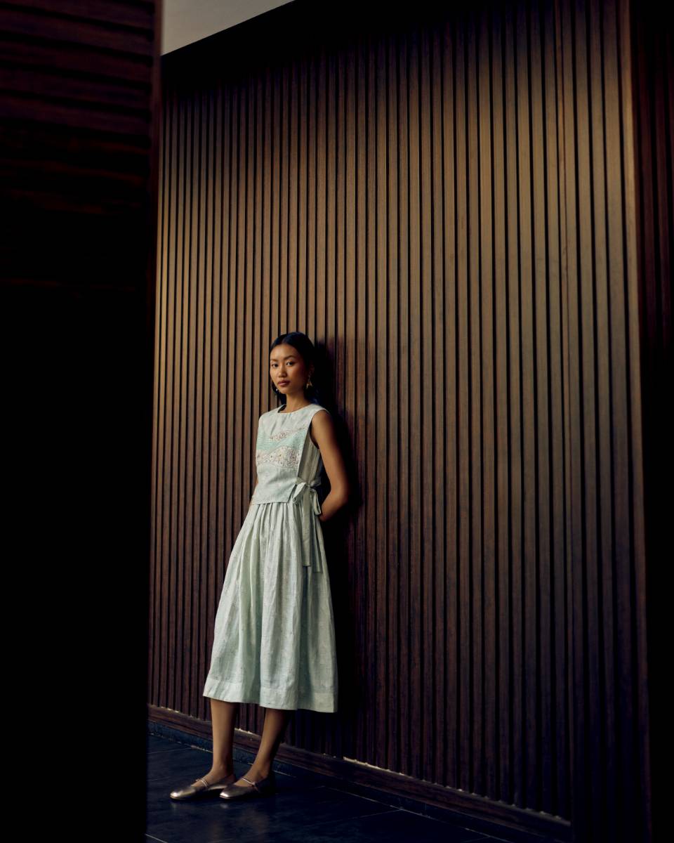 100% Hemp Sage Hemp Print Midi Dress by Ewoke with 100% Hemp, hemp dress, Holiday wear, Nostalgia's Thread by Ewoke, printed dress for women, Sage Green, sage green dress, sustainable fashion at Kamakhyaa for sustainable fashion