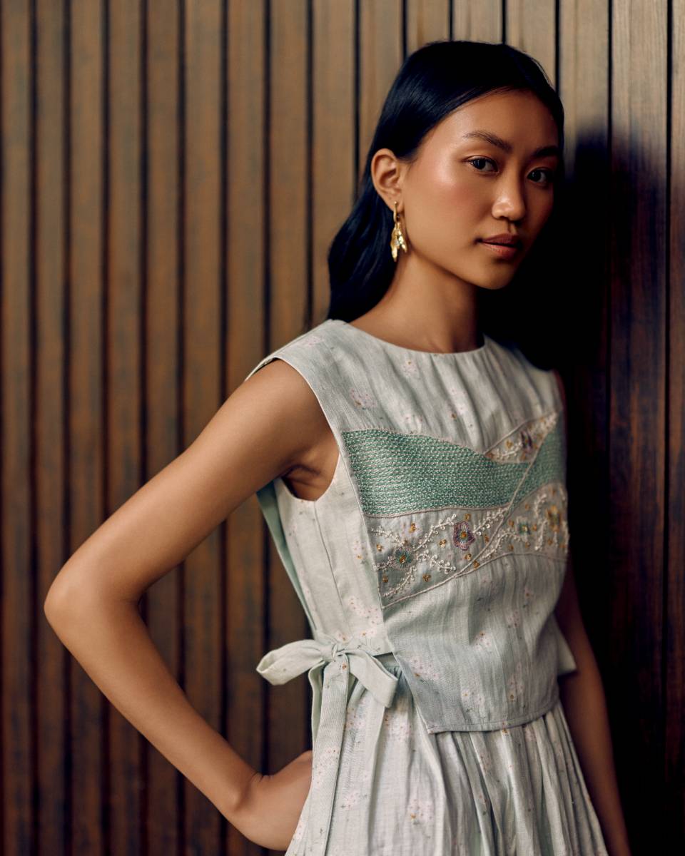 100% Hemp Sage Hemp Print Midi Dress by Ewoke with 100% Hemp, hemp dress, Holiday wear, Nostalgia's Thread by Ewoke, printed dress for women, Sage Green, sage green dress, sustainable fashion at Kamakhyaa for sustainable fashion