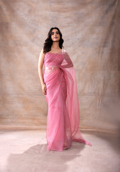 Embroidered blouse and organza saree by Akashi Clothing with Festive Collection at Kamakhyaa for sustainable fashion