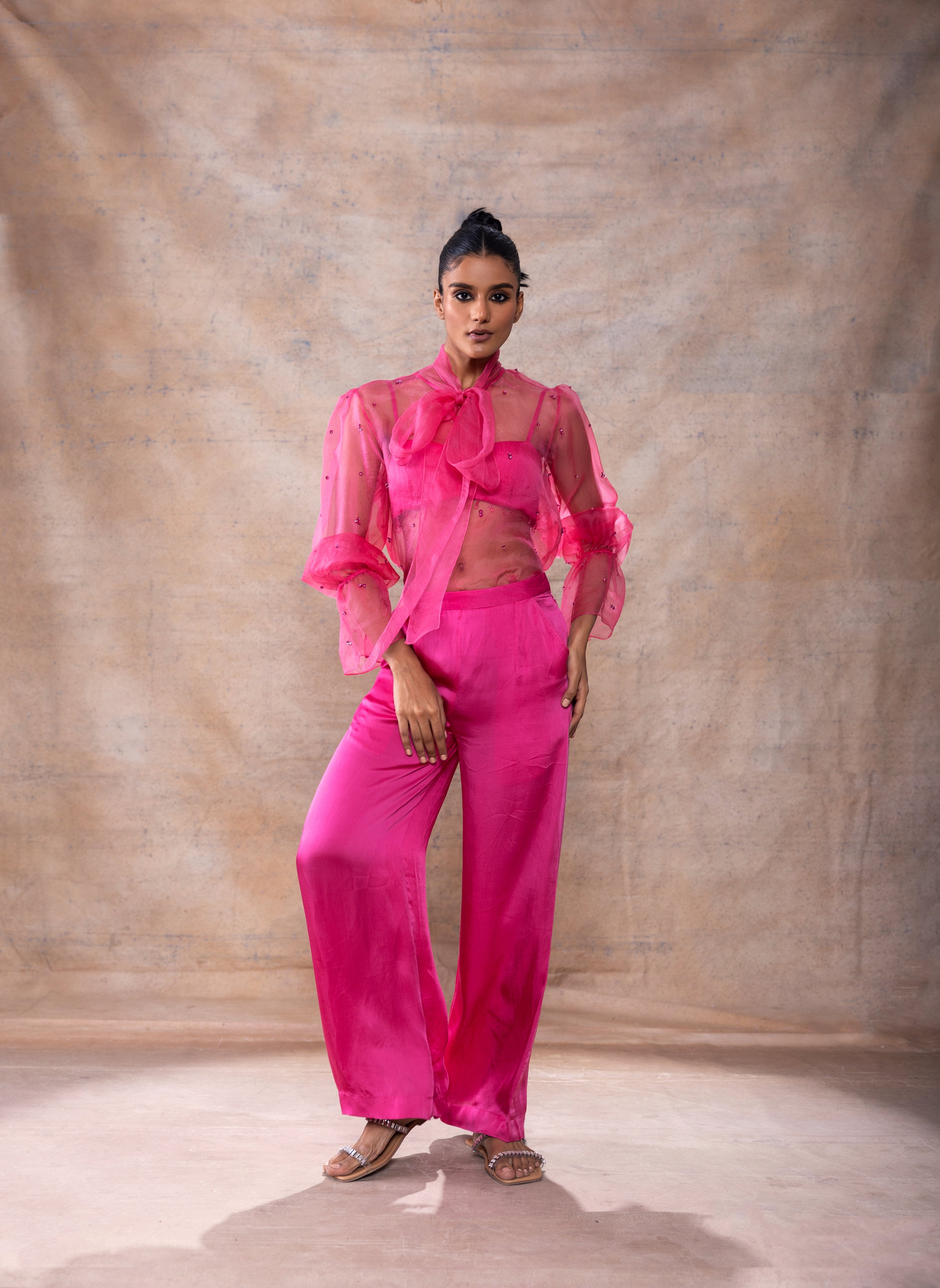 Scarf collar organza shirt set by Akashi Clothing with Festive Collection at Kamakhyaa for sustainable fashion