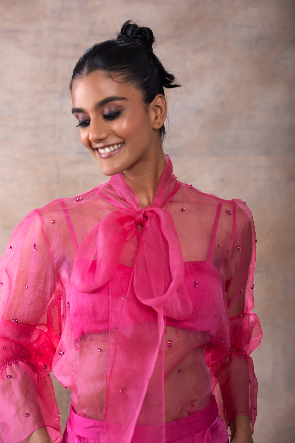 Scarf collar organza shirt set by Akashi Clothing with Festive Collection at Kamakhyaa for sustainable fashion