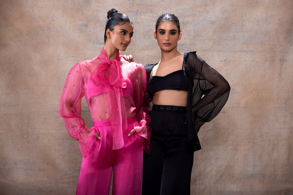 Scarf collar organza shirt set by Akashi Clothing with Festive Collection at Kamakhyaa for sustainable fashion