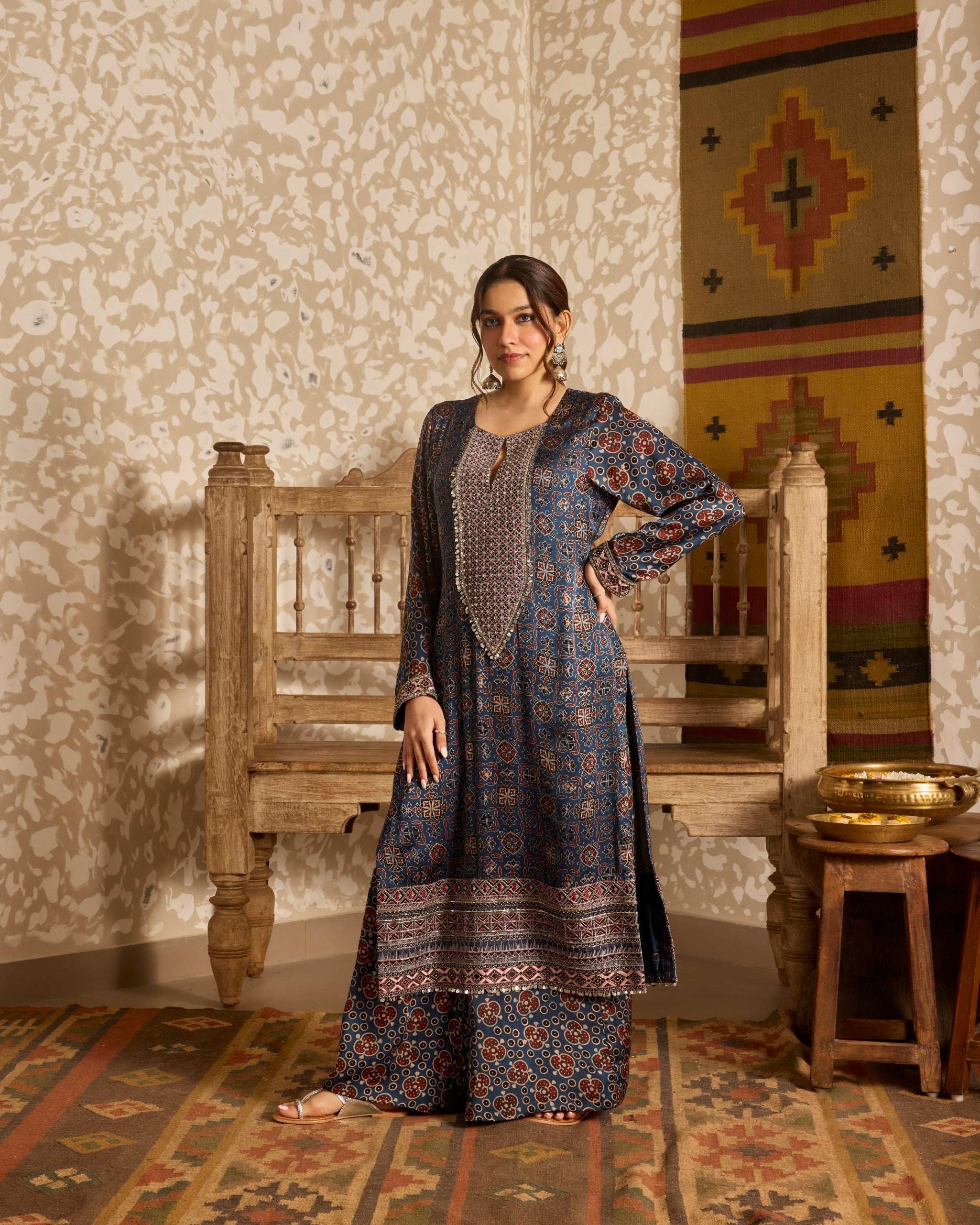 Long Kurta Plazzo Pant Set by Akashi Clothing with Ajrakh by Akashi Clothing at Kamakhyaa for sustainable fashion