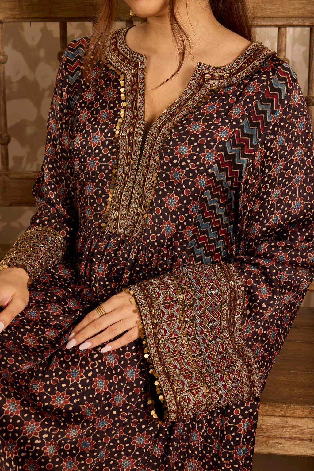 Short Dress with Bell Sleeves by Akashi Clothing with Ajrakh by Akashi Clothing at Kamakhyaa for sustainable fashion