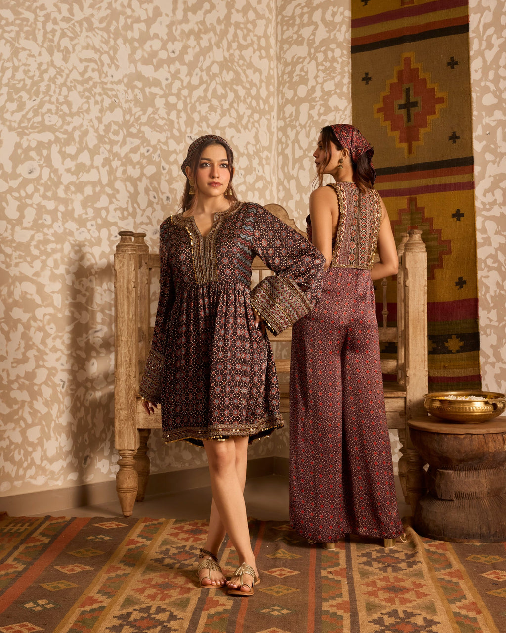 Short Dress with Bell Sleeves by Akashi Clothing with Ajrakh by Akashi Clothing at Kamakhyaa for sustainable fashion