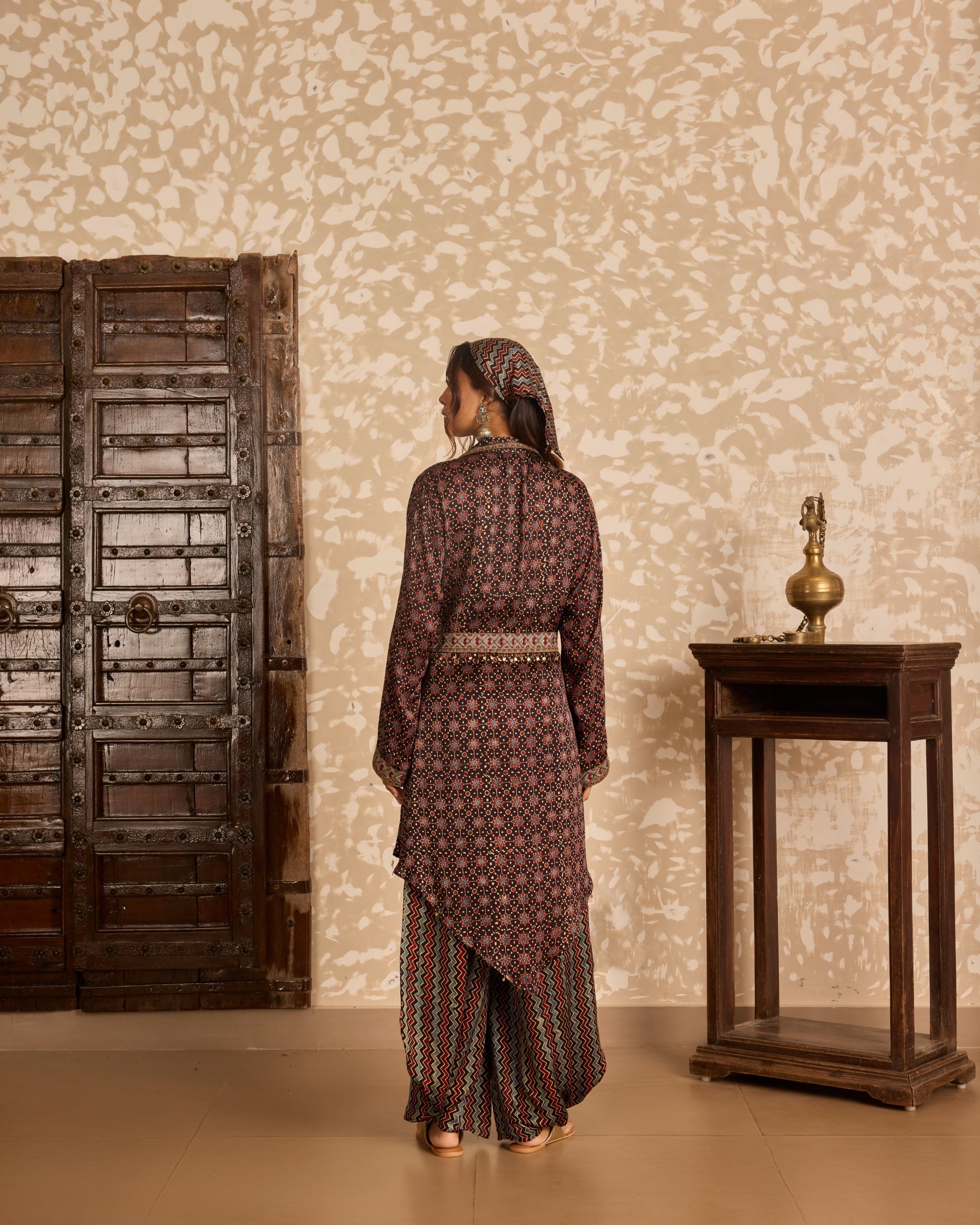 Long Jacket with Bralette & Drape Pants Set by Akashi Clothing with Ajrakh by Akashi Clothing at Kamakhyaa for sustainable fashion