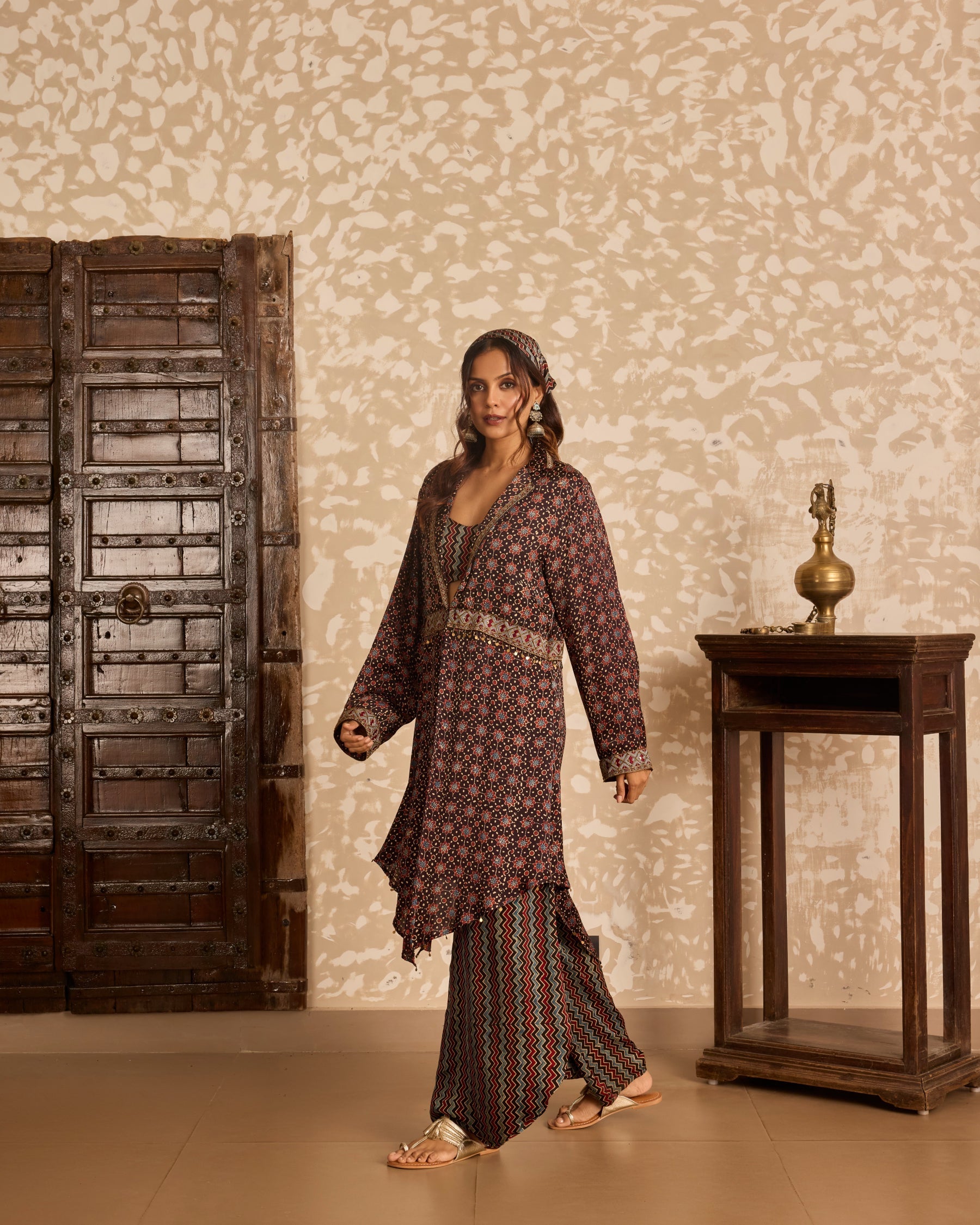 Long Jacket with Bralette & Drape Pants Set by Akashi Clothing with Ajrakh by Akashi Clothing at Kamakhyaa for sustainable fashion