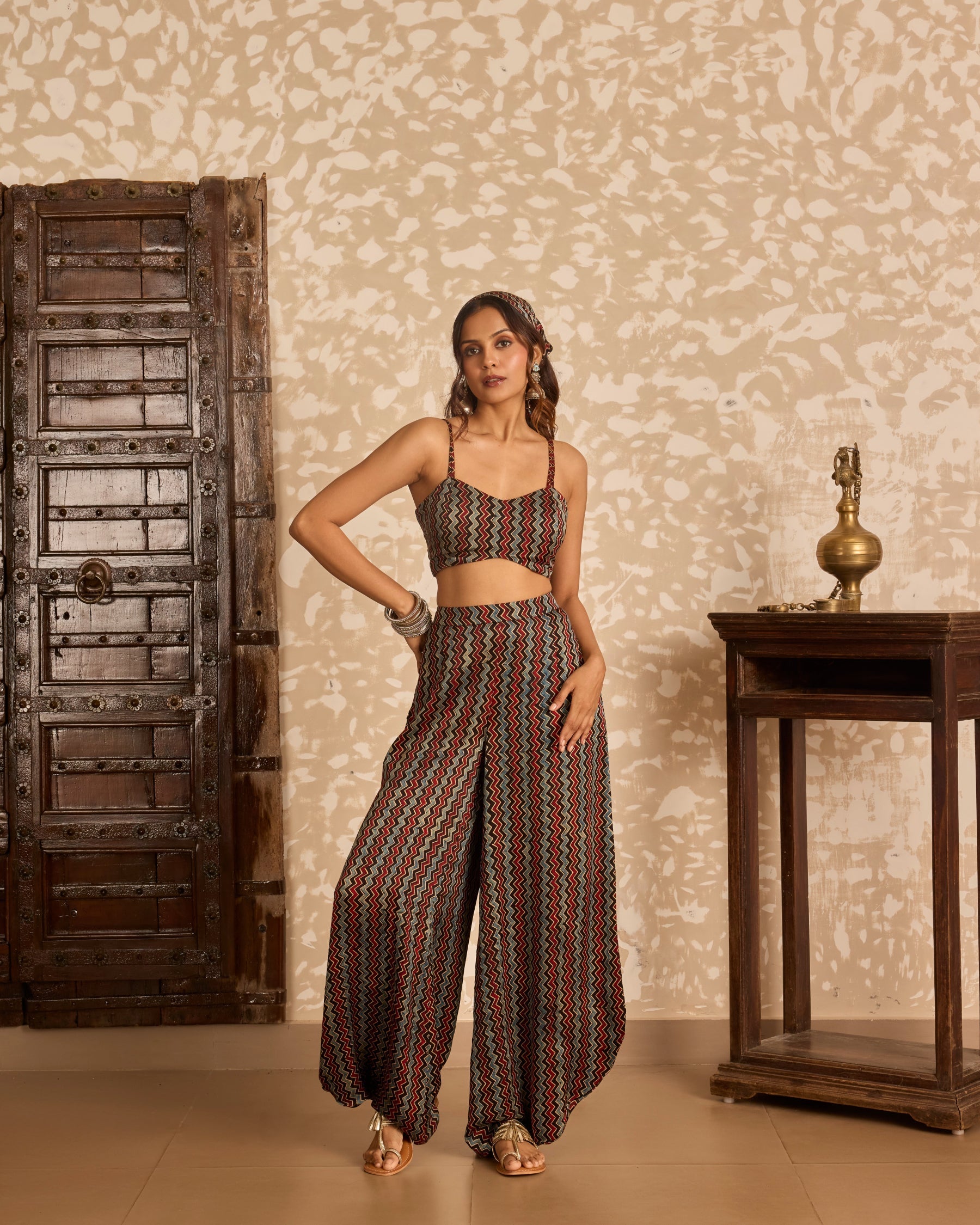 Long Jacket with Bralette & Drape Pants Set by Akashi Clothing with Ajrakh by Akashi Clothing at Kamakhyaa for sustainable fashion