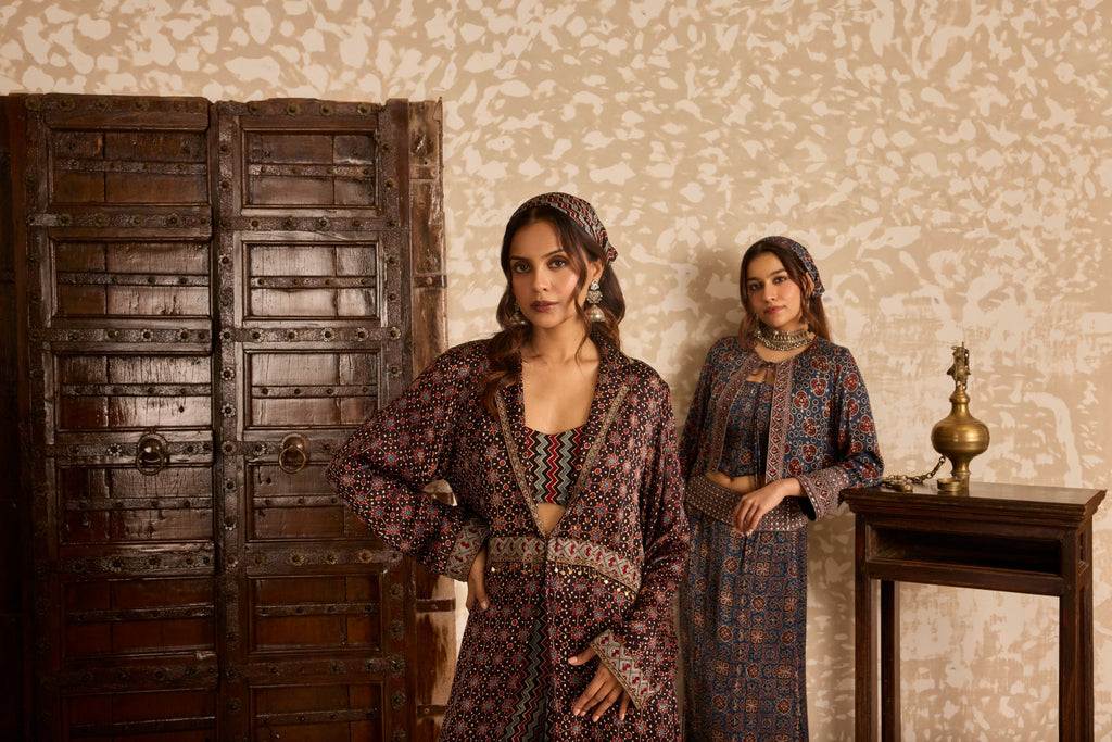 Long Jacket with Bralette & Drape Pants Set by Akashi Clothing with Ajrakh by Akashi Clothing at Kamakhyaa for sustainable fashion