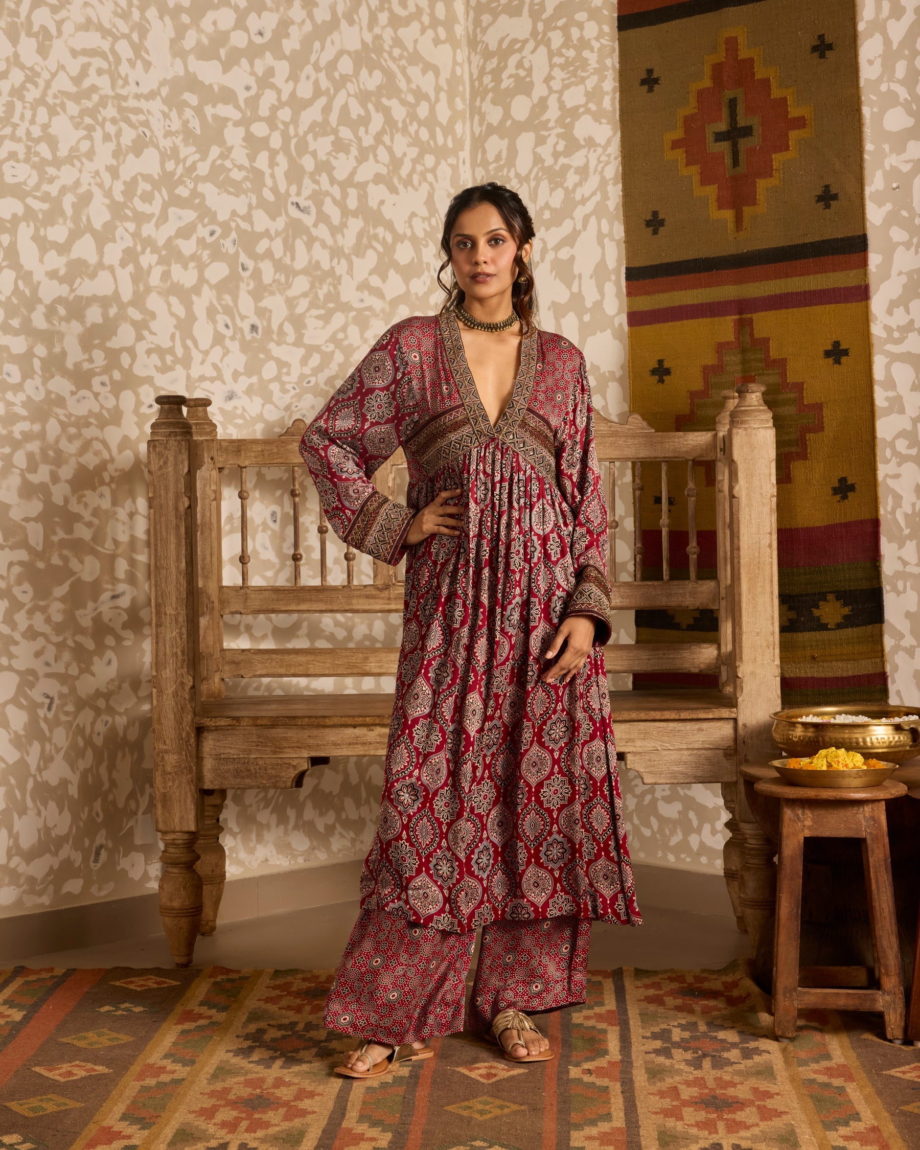 V-Neck Kurta Set by Akashi Clothing with Ajrakh by Akashi Clothing at Kamakhyaa for sustainable fashion